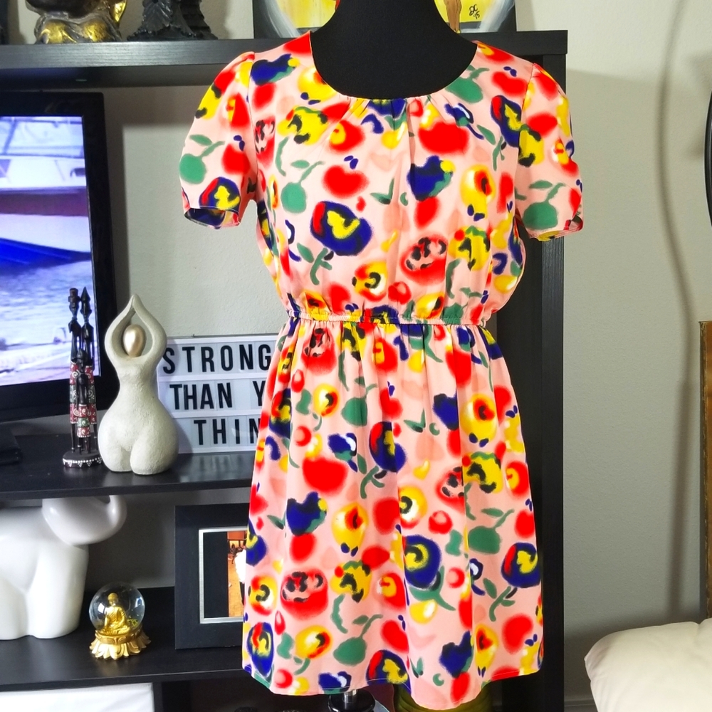 Three Ena Abstract Floral Mini Dress Pink sz L